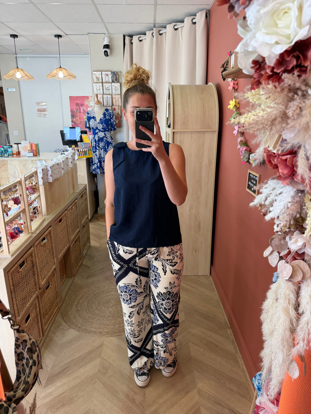 Pantalon fluide imprimé bleu & écru