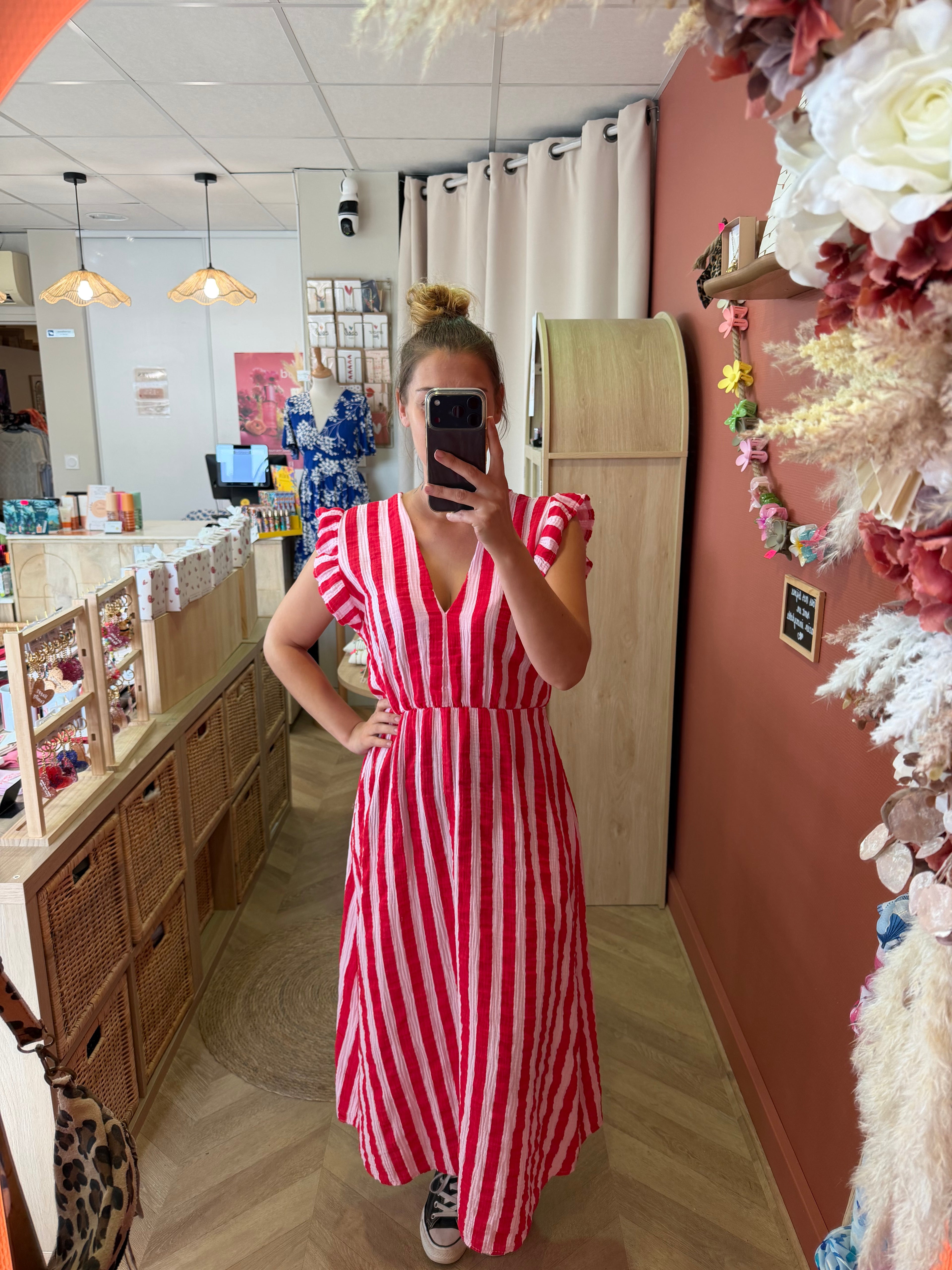 Robe longue rayée rouge & écru