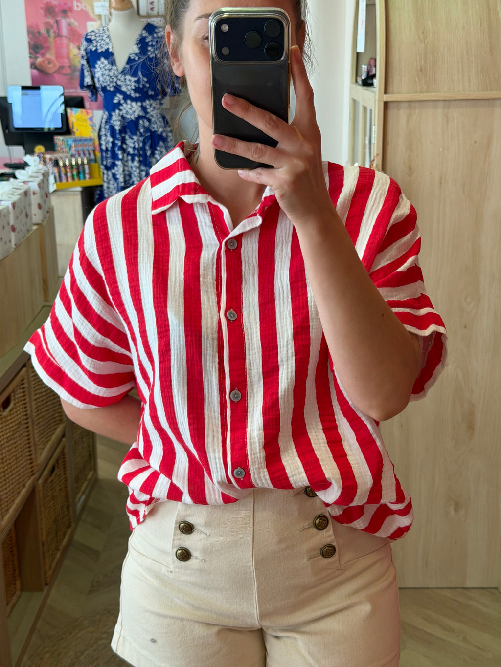 Chemise rayée rouge & écru