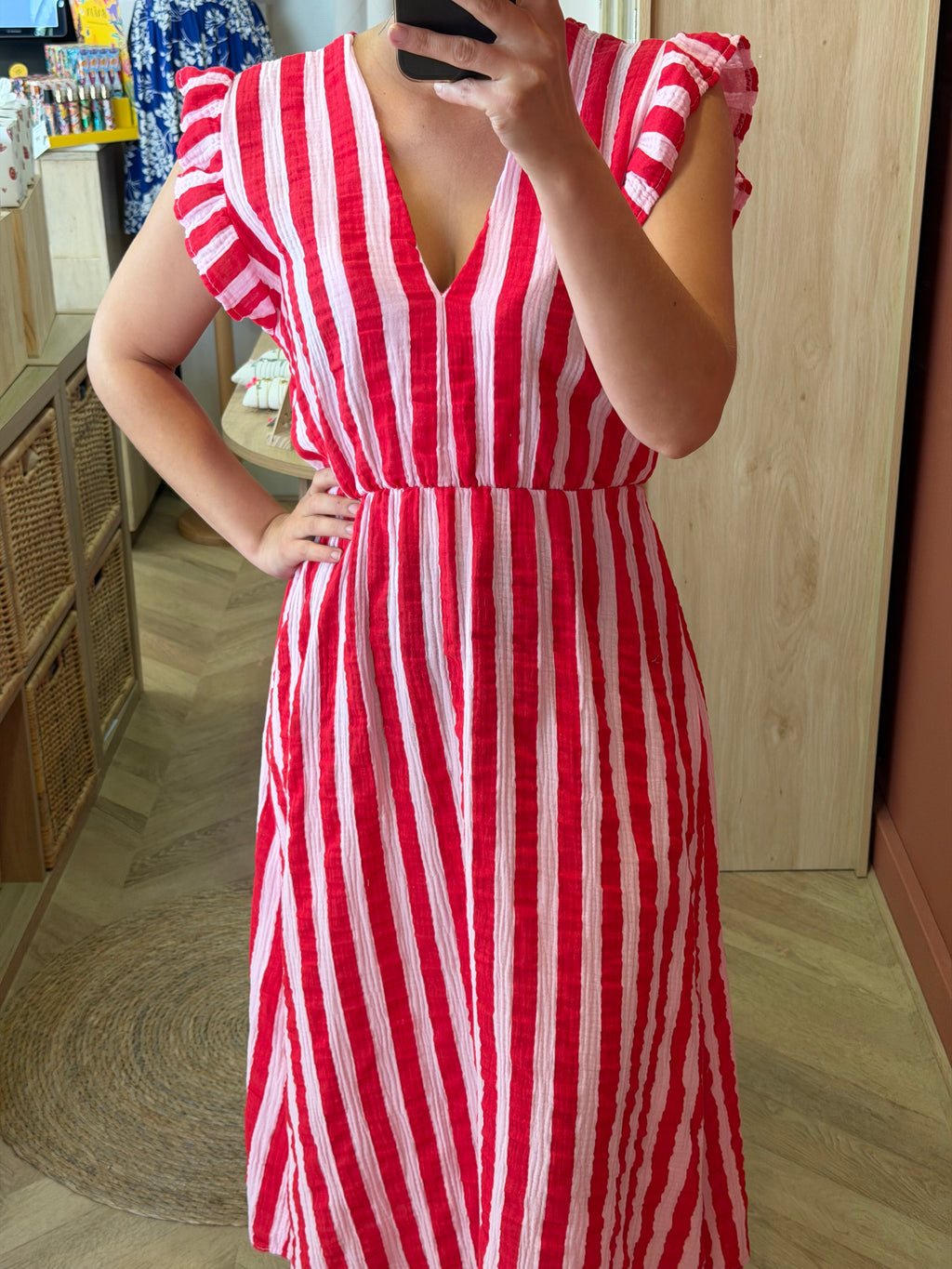 Robe longue rayée rouge & écru