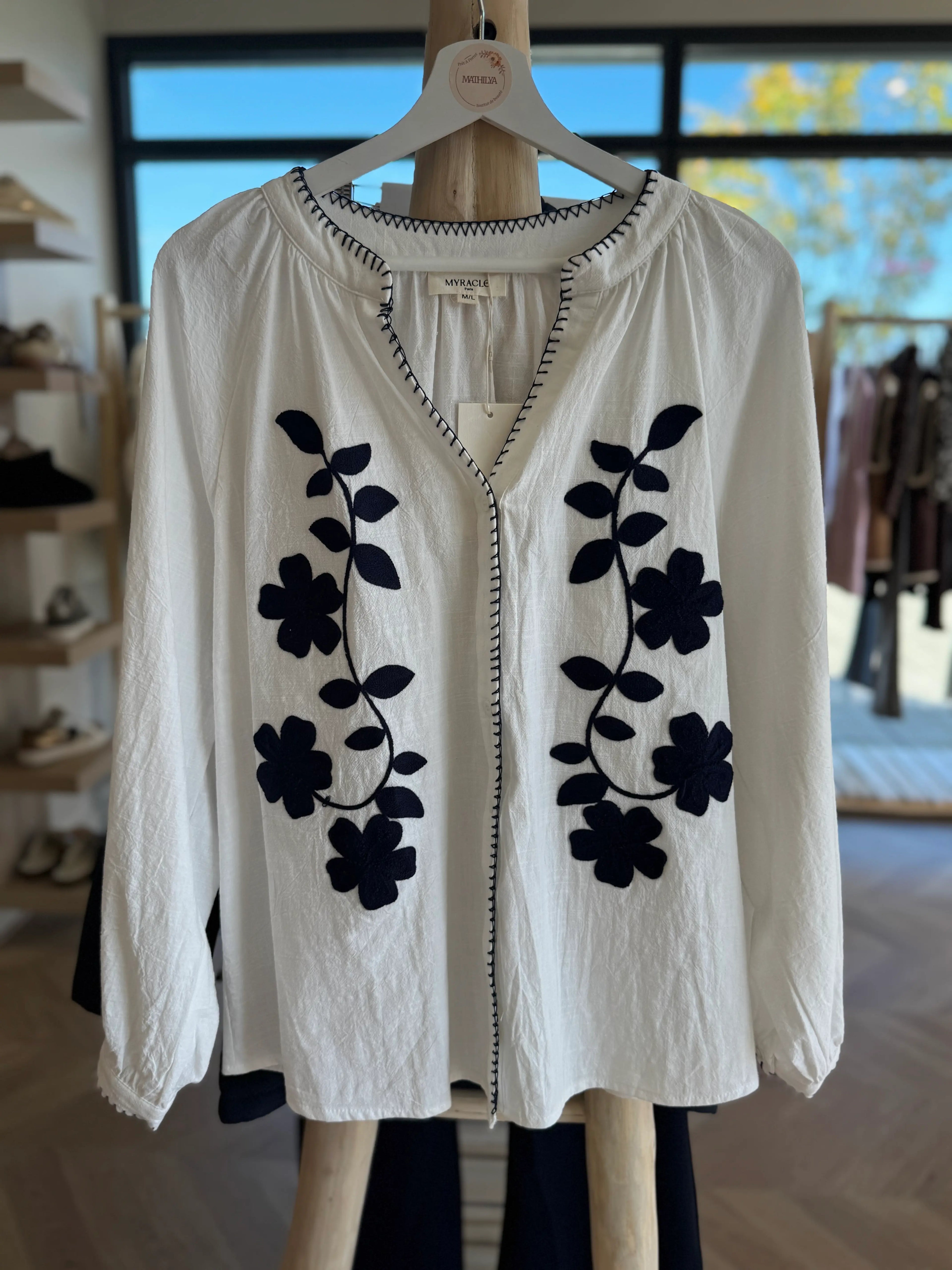 Chemise Brodée Blanche et Marine