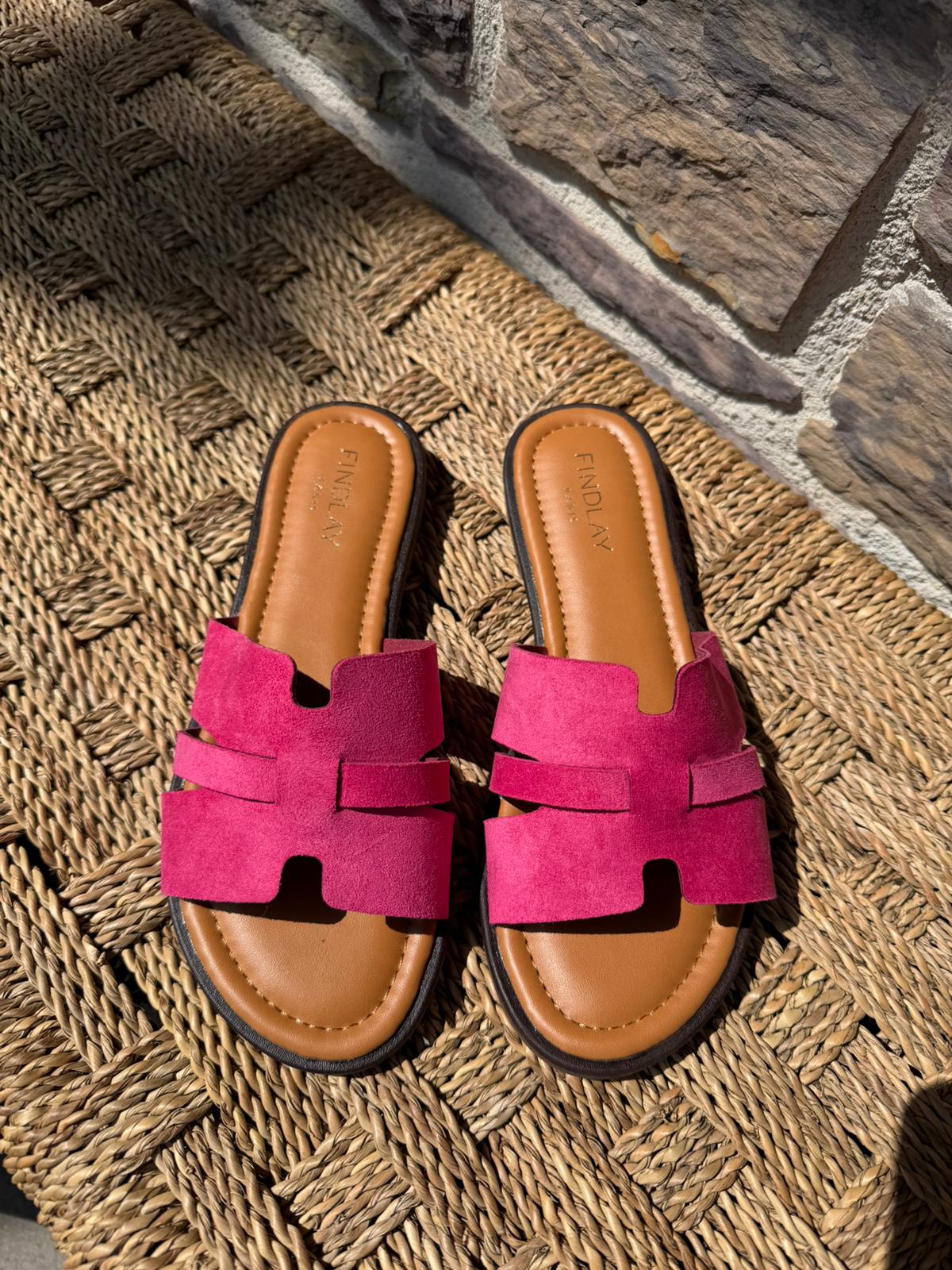 Mules plates fushia effet suédine