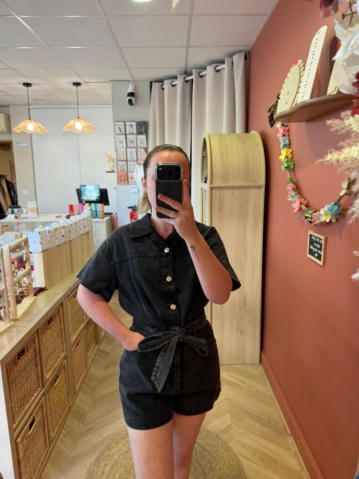 Combishort denim ceinturée