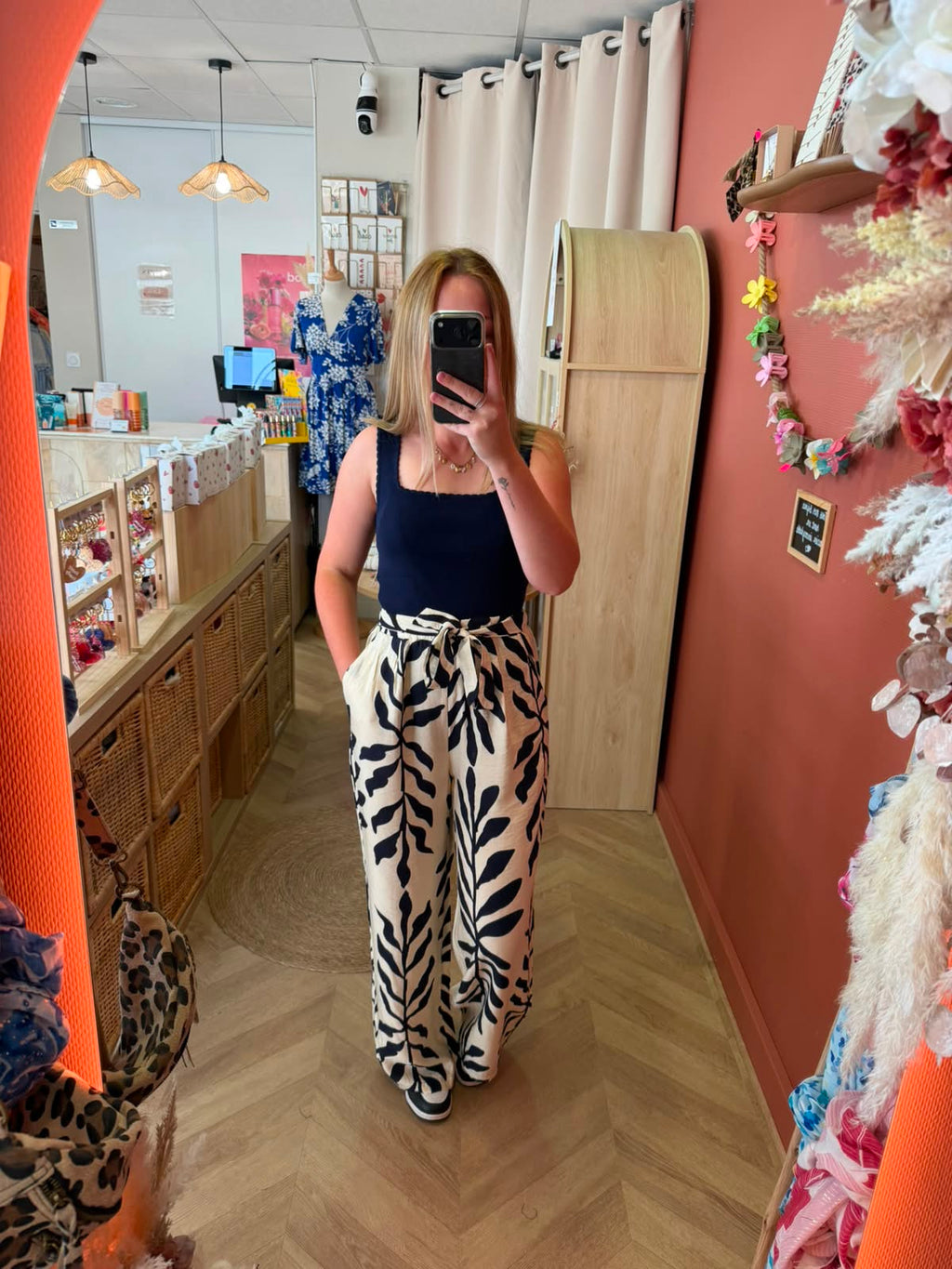 Pantalon fluide imprimé écru & marine