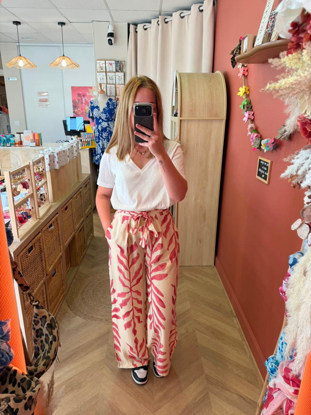 Pantalon fluide imprimé écru & rose
