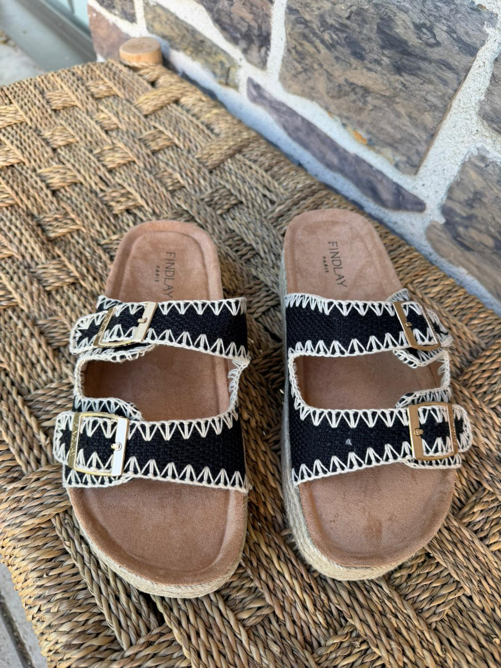 Mules à brides tressées noir & écru