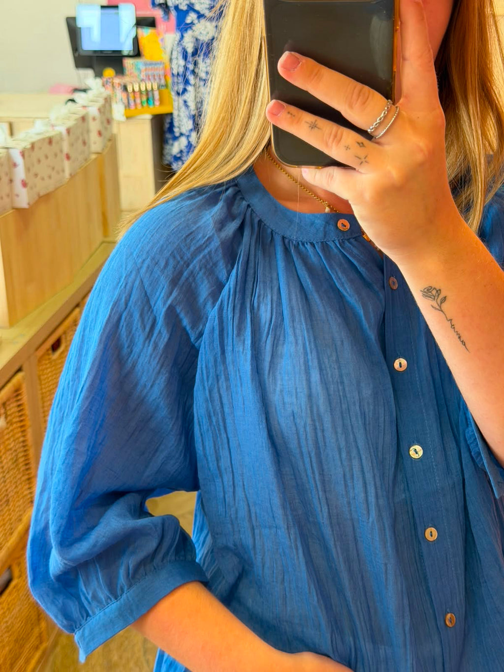 Blouse en gaze de coton bleu électrique – 100 % coton