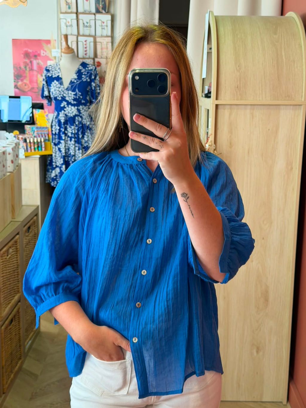 Blouse en gaze de coton bleu électrique – 100 % coton