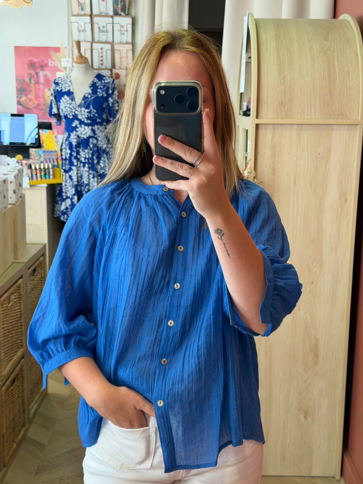 Blouse en gaze de coton bleu électrique – 100 % coton